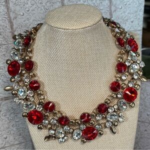 Bold Round Red White Oval Crystal Statement Adjustable Necklace